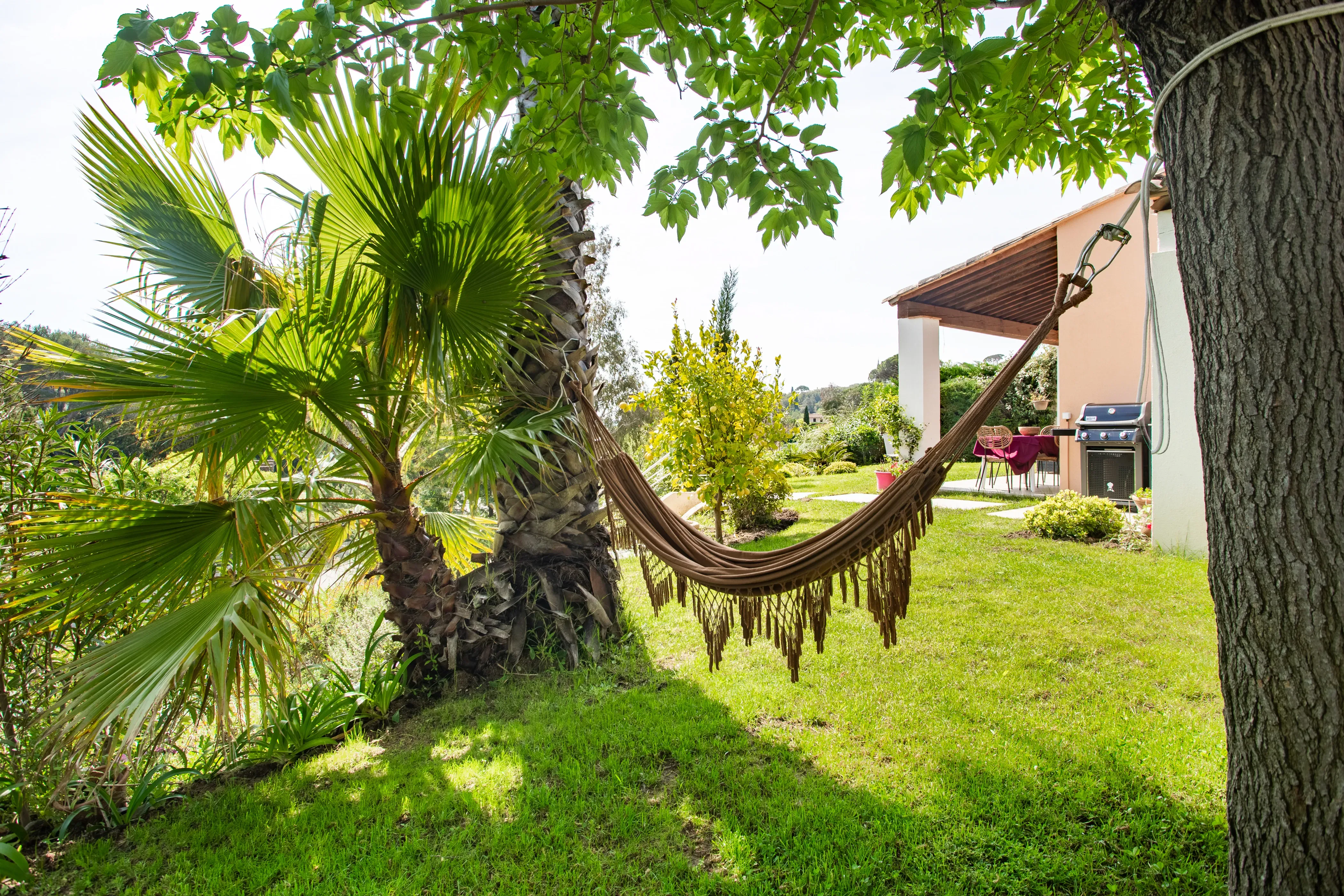 Shaded reading area near the pool